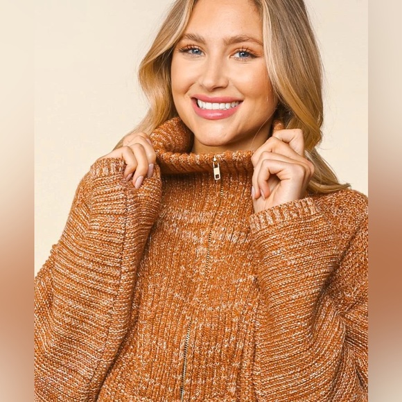 Plus Size Chestnut Brown Two-Tone Fall Half-Zip Pullover Knit Sweater, 1X-2X-3X - Picture 9 of 10